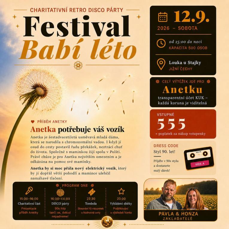 Charitativní retro disco párty se&nbsp;uskuteční 12.&nbsp;9. 2026&nbsp;na louce u&nbsp;Stajky. Výtěžek této akce půjde na&nbsp;elektrický vozík pro&nbsp;Anetku z&nbsp;Polště. Začátek je od&nbsp;15:00. Dress code 90.&nbsp;léta 
