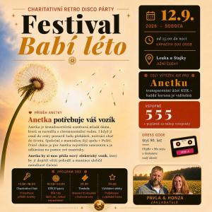 Charitativní retro disco párty se uskuteční 12. 9. 2026 na louce u Stajky. Výtěžek této akce půjde na elektrický vozík pro Anetku z Polště. Začátek je od 15:00. Dress code 90. léta 
